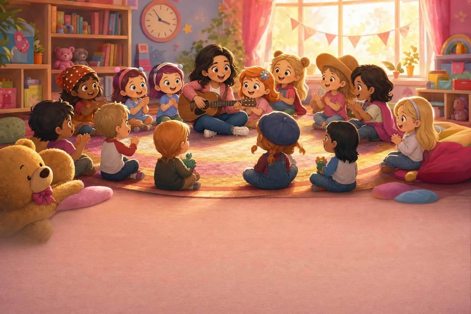 A bright daycare room mid-morning: toddlers at a low table with a caregiver, others playing on a rug near big windows.