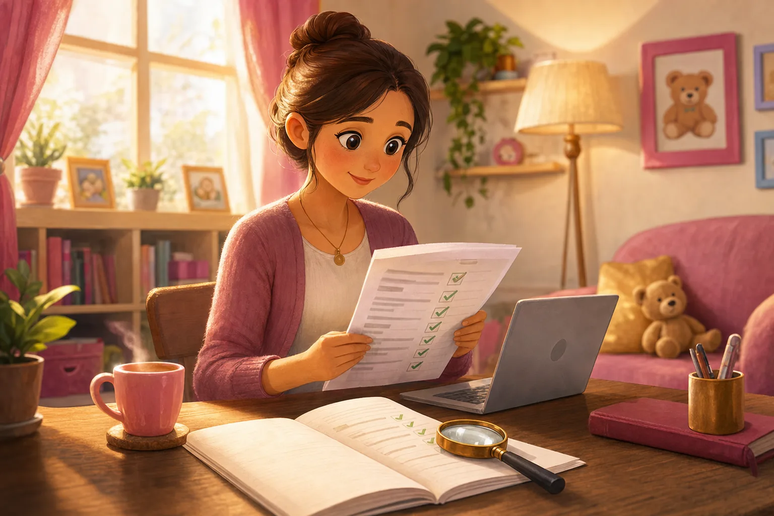 A parent at a laptop reading a GGD inspection report PDF, with a magnifying glass icon highlighting the "voldoet" and "voldoet niet" columns.