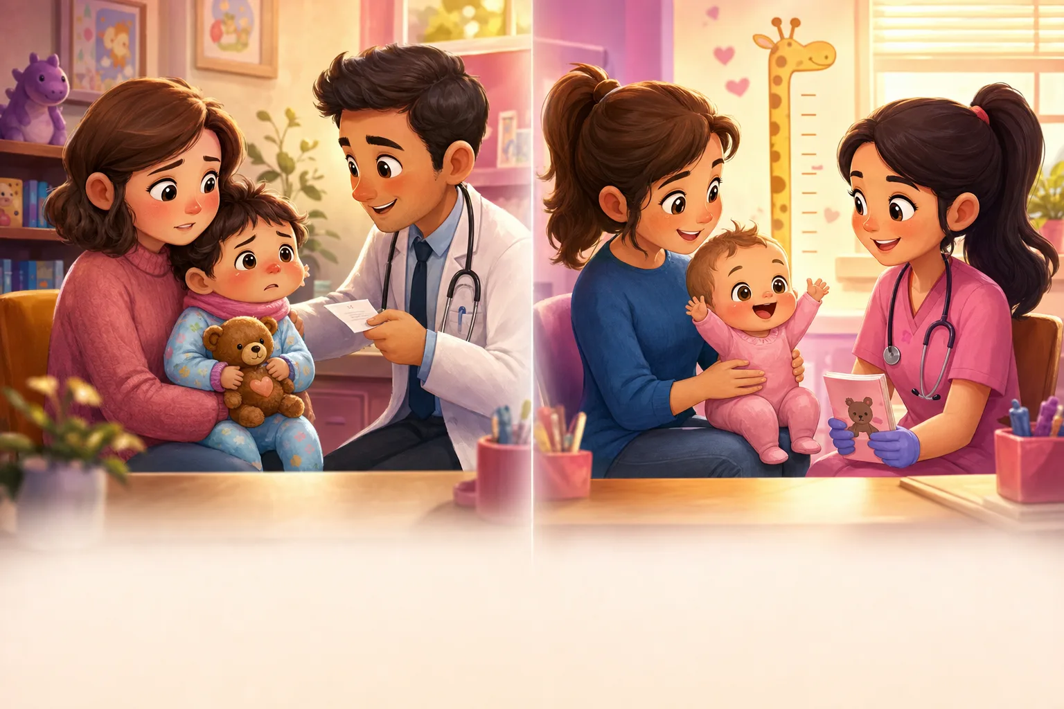 A split illustration: on the left, a parent and sick toddler at a GP's office with a prescription; on the right, a parent and healthy baby at a consultatiebureau with a growth chart and vaccine card.