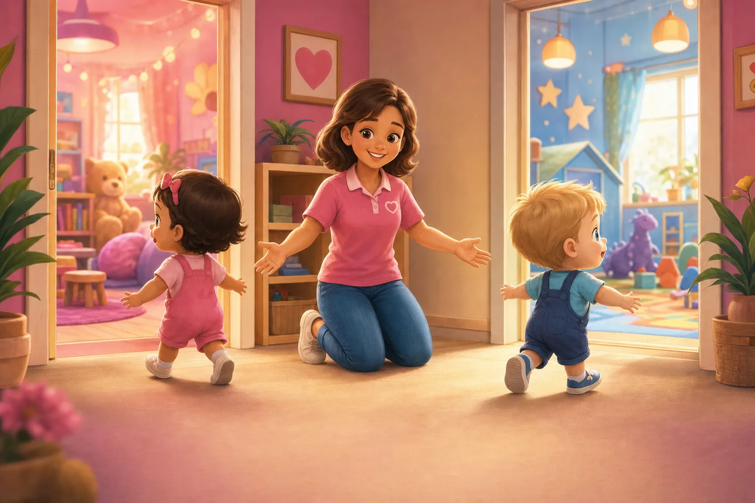 Two toddlers playing side by side at a low daycare table, one reaching toward the other, in a warm bilingual daycare room.