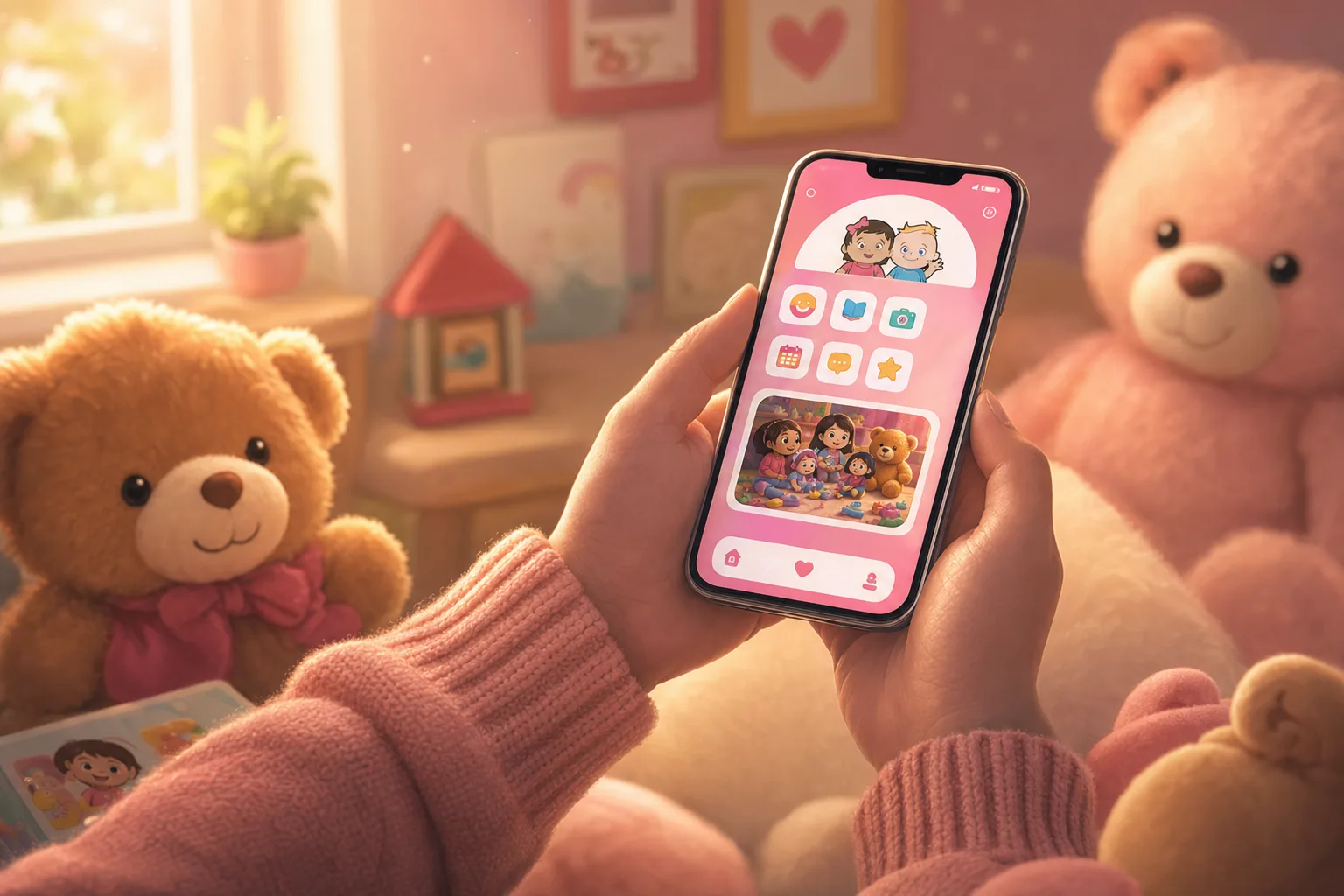 De Nest-app open op een telefoon, vastgehouden in twee handen