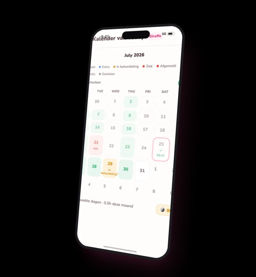 Nest app kalender scherm met geboekte en aangevraagde dagen