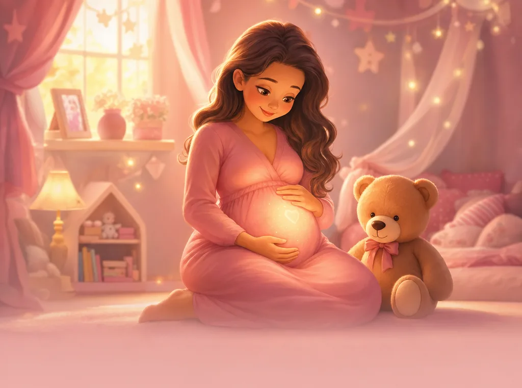 Illustration of an expecting mother with a teddy bear