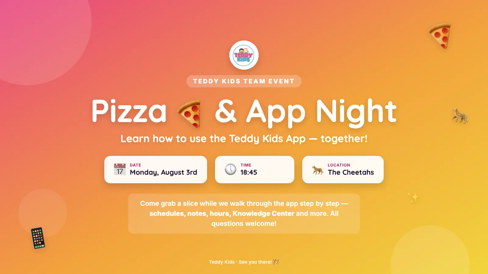 Pizza & App Night poster — Monday August 3rd, 18:45 at The Cheetahs