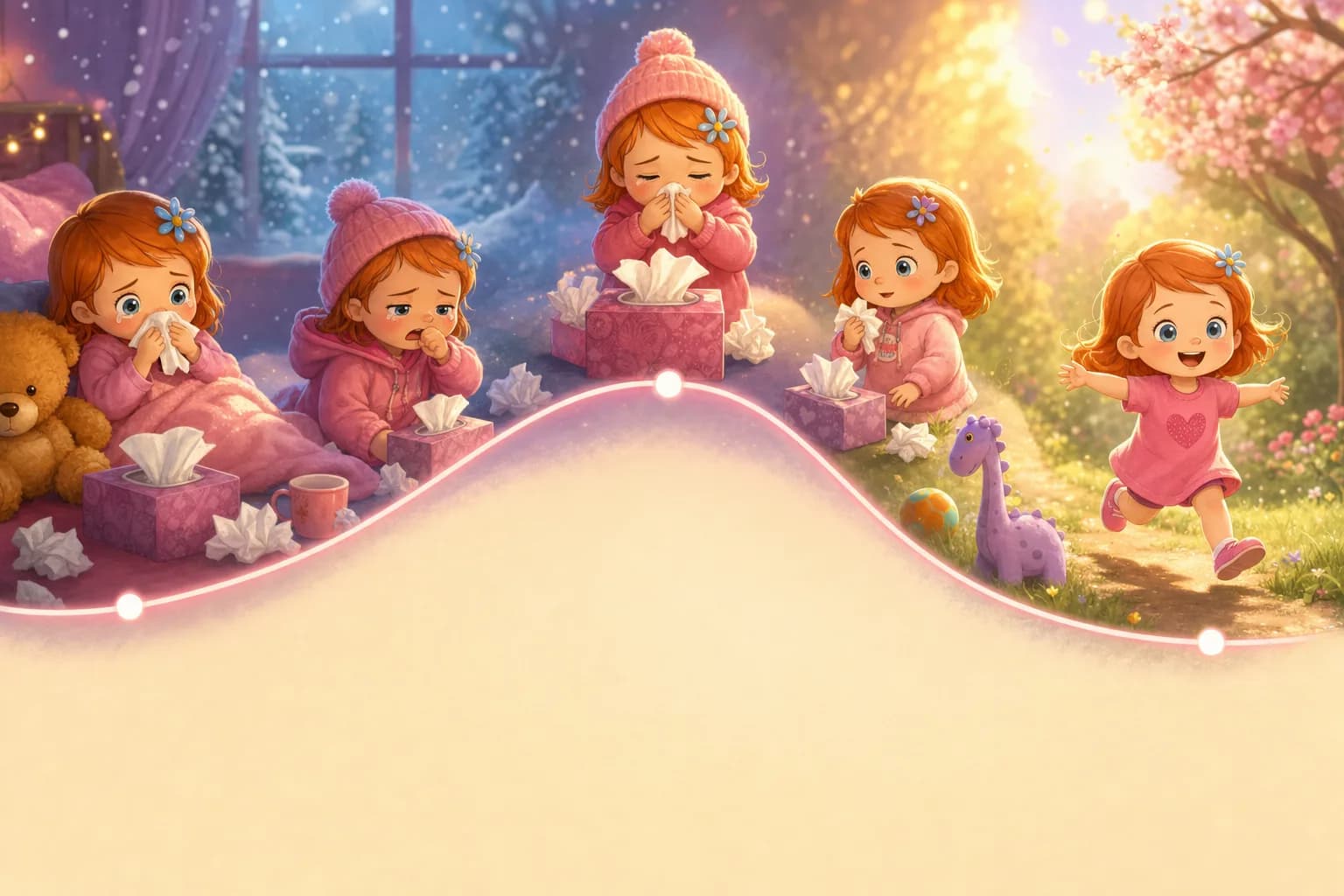 An illustrated curve showing colds peaking through a child's first daycare winter and easing into spring and the following year.