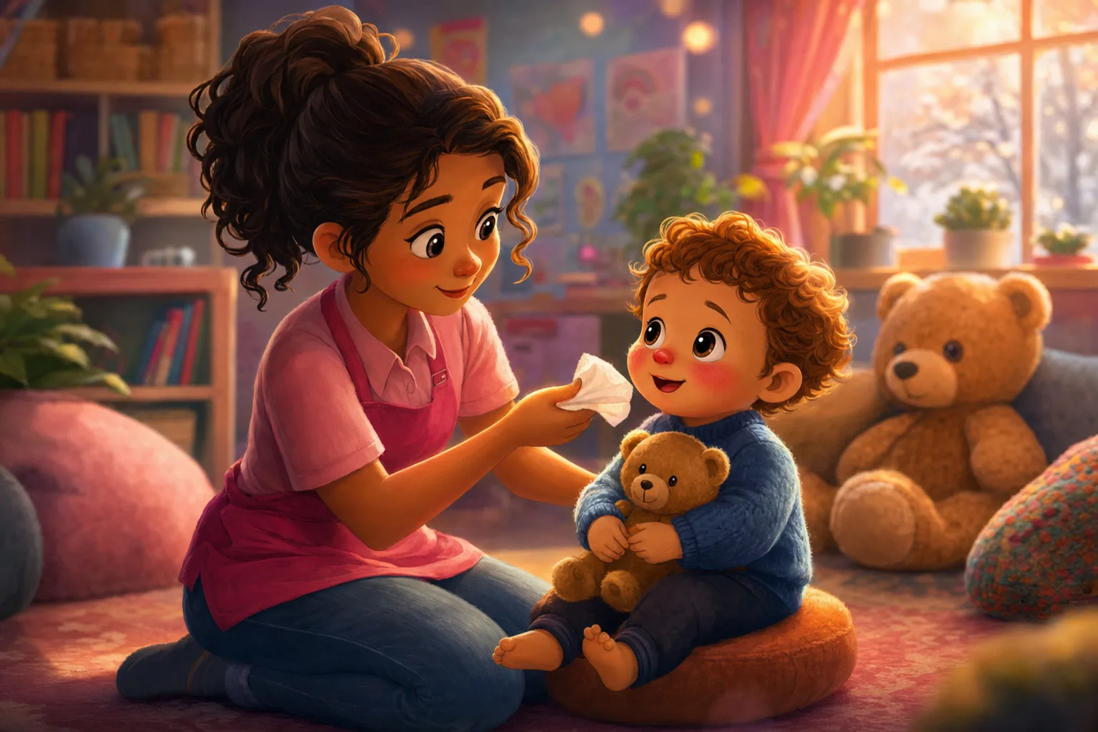 A toddler with a runny nose wrapped in a blanket on the sofa, a parent gently holding a tissue, warm morning light.