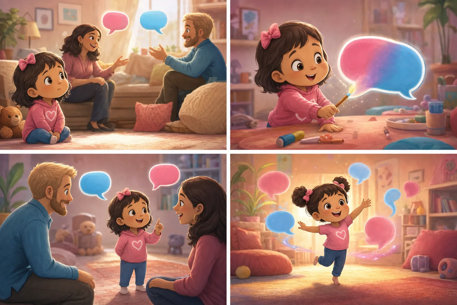 A gentle four-panel illustration of bilingual language stages: a quiet child observing, a child mixing two words, a child speaking each language to a different person, and a confident child switching languages mid-play.