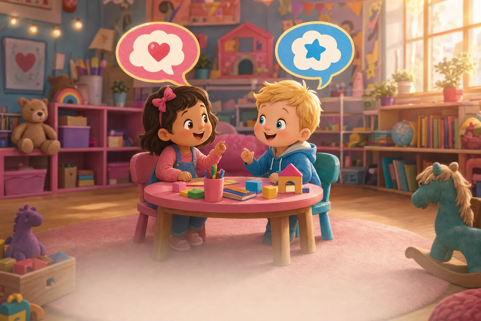 A toddler at daycare sitting between two caregivers, one reading a book in Dutch and one speaking another language, with speech bubbles in different scripts floating gently above.