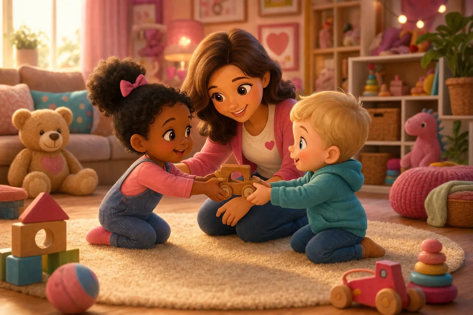 A calm daycare caregiver kneeling between two toddlers, comforting one while gently guiding the other, in a warm playroom.