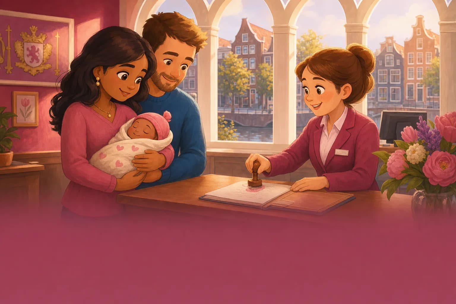 New parents at a friendly Dutch town-hall desk, one cradling a tiny newborn, while a smiling clerk stamps a birth certificate by tall canal-house windows.