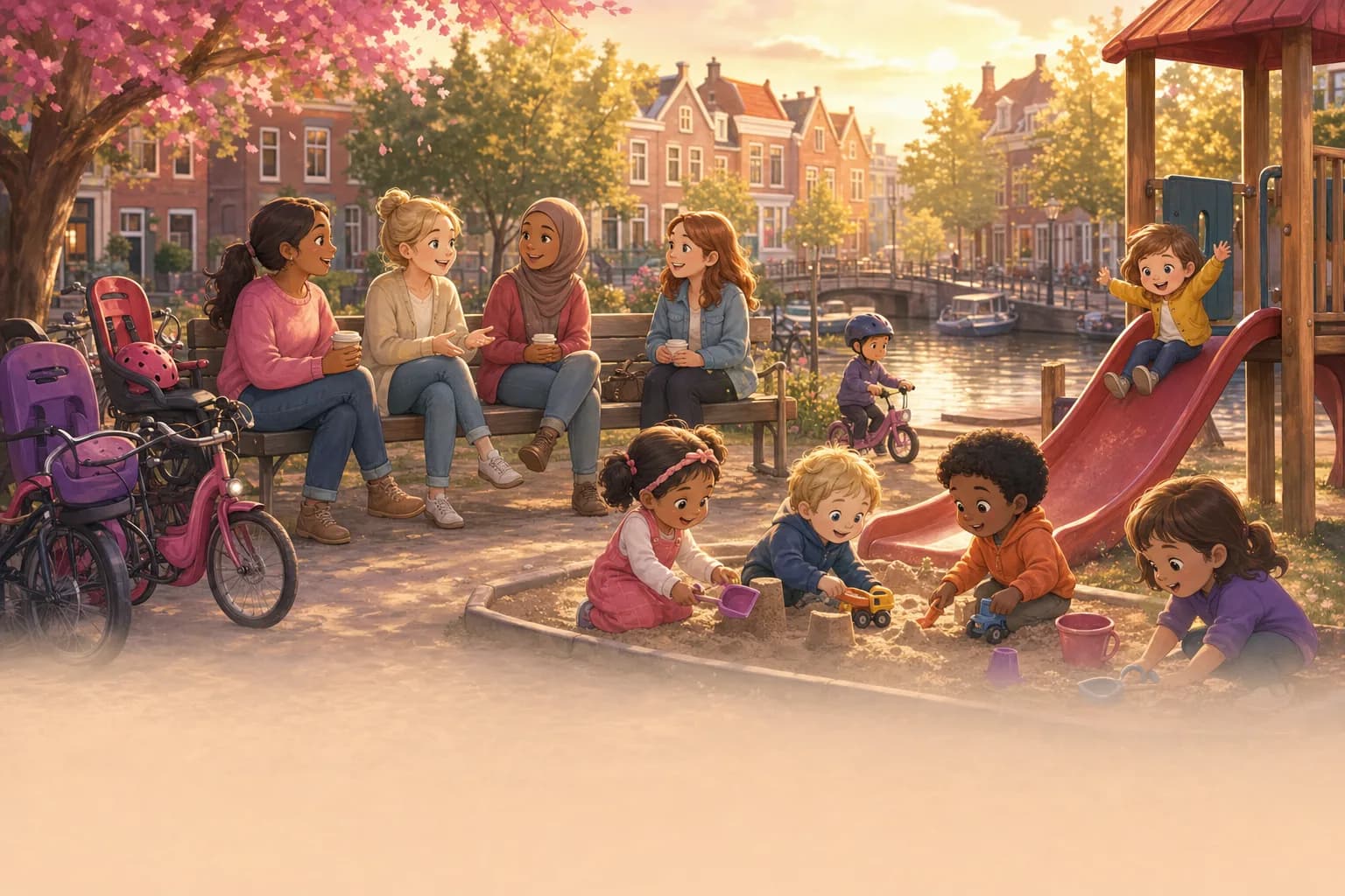 Several parents from different backgrounds chatting on a bench at a Dutch playground while their toddlers play together in a sandpit, bikes with child seats parked nearby, canal and brick houses behind, golden-hour light.