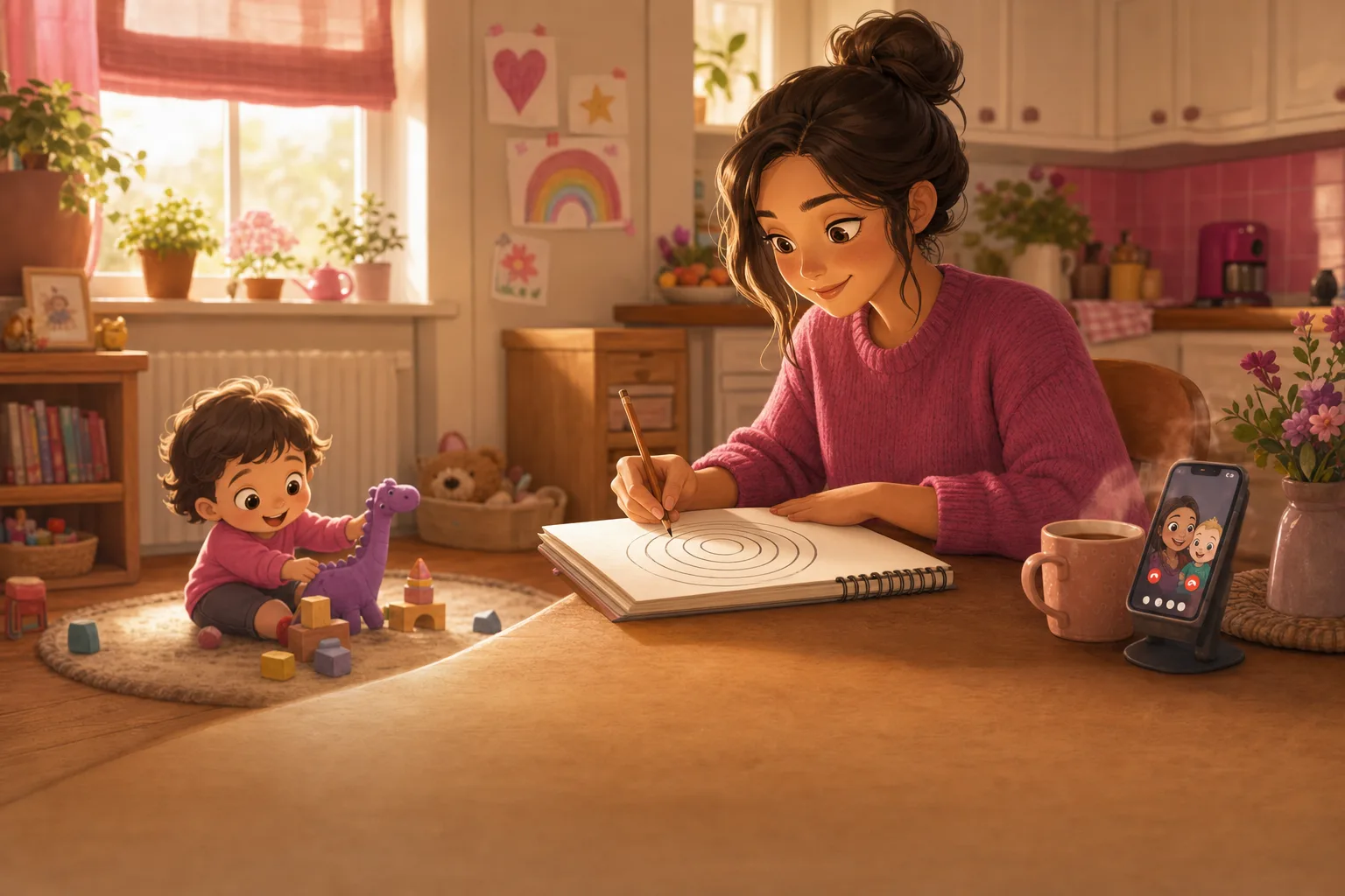 A parent at a kitchen table sketching concentric circles in a notebook while a toddler plays nearby, a coffee mug and a phone showing a video call, soft morning light.