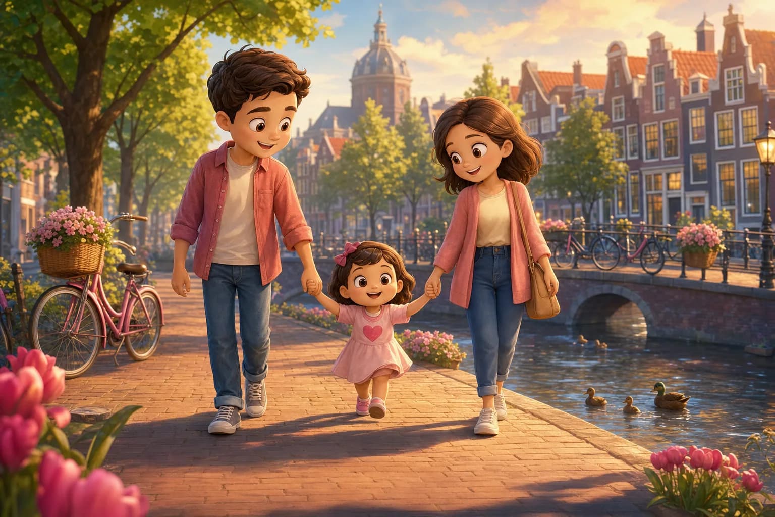 A young family walking hand-in-hand along a sunny Leiden canal, a toddler safely between both parents, ducks on the water, canal houses and bikes behind them.