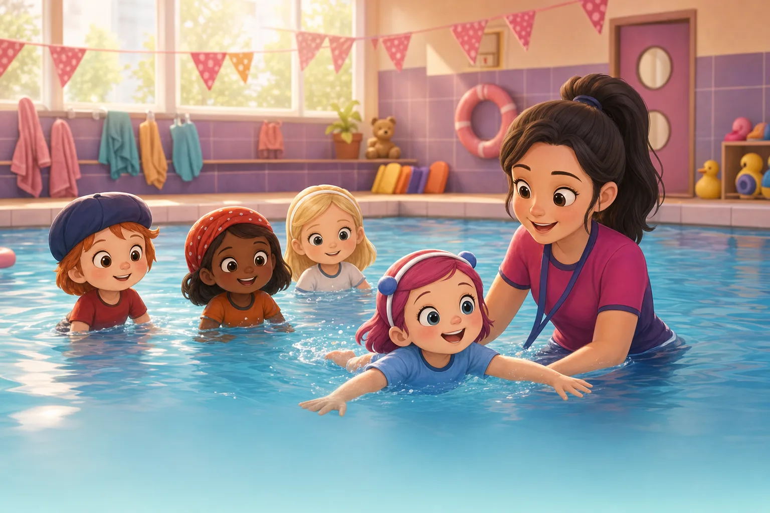 A bright municipal swimming pool with young children learning to swim under an instructor's watchful eye, one child swimming in a T-shirt.