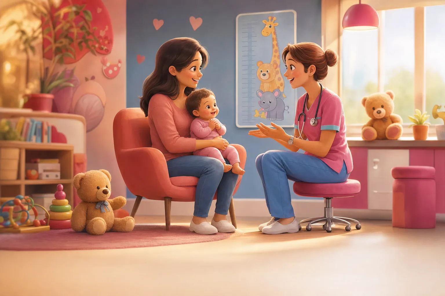 A parent and baby at a friendly child health clinic, a nurse weighing the baby on a small scale while a growth chart hangs on the wall.