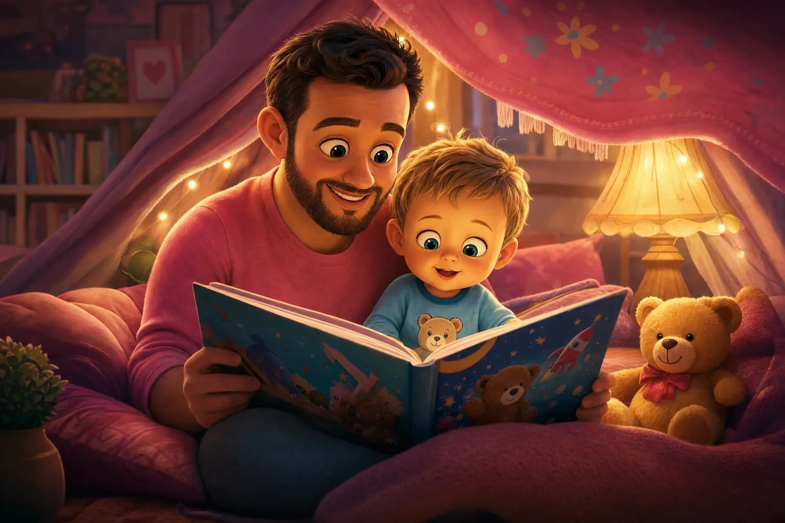 A dad and his toddler reading a big picture book together inside a cosy fort of cushions and blankets, warm lamplight and easy smiles.