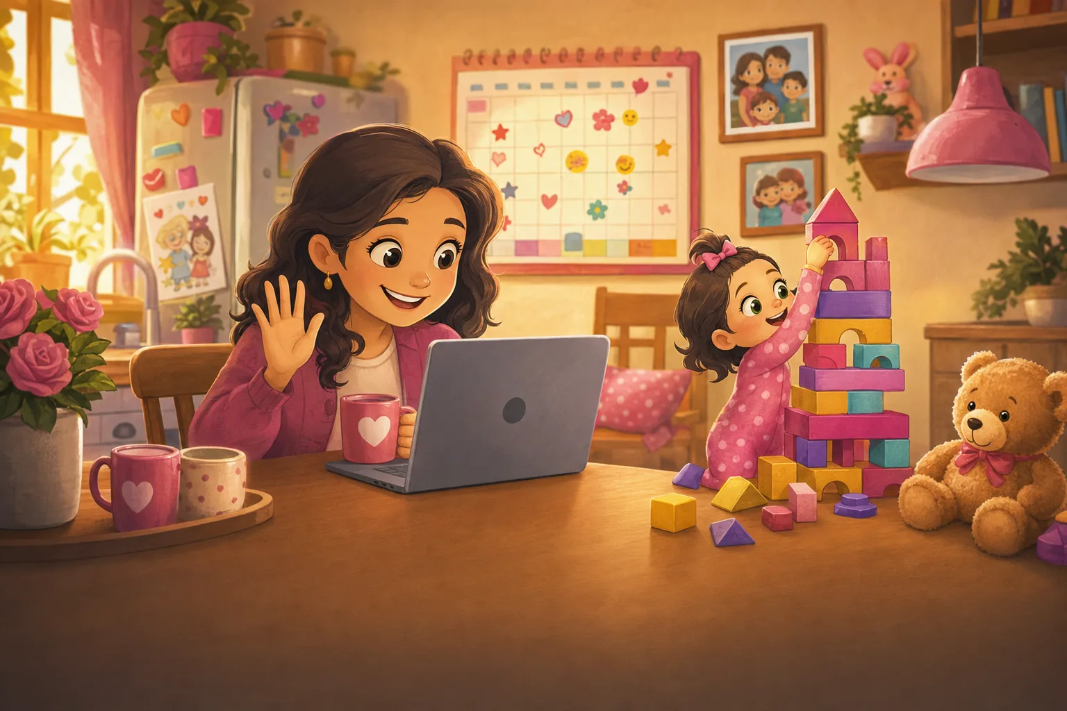 A parent on a video call at the kitchen table while their toddler builds a tall block tower beside them, coffee mugs and a colourful sticker-filled family wall calendar in warm morning light.