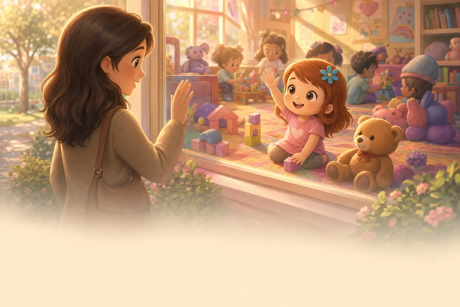 A parent waving through a daycare window at a happily playing toddler who looks up and waves back, warm morning light, tender and hopeful.