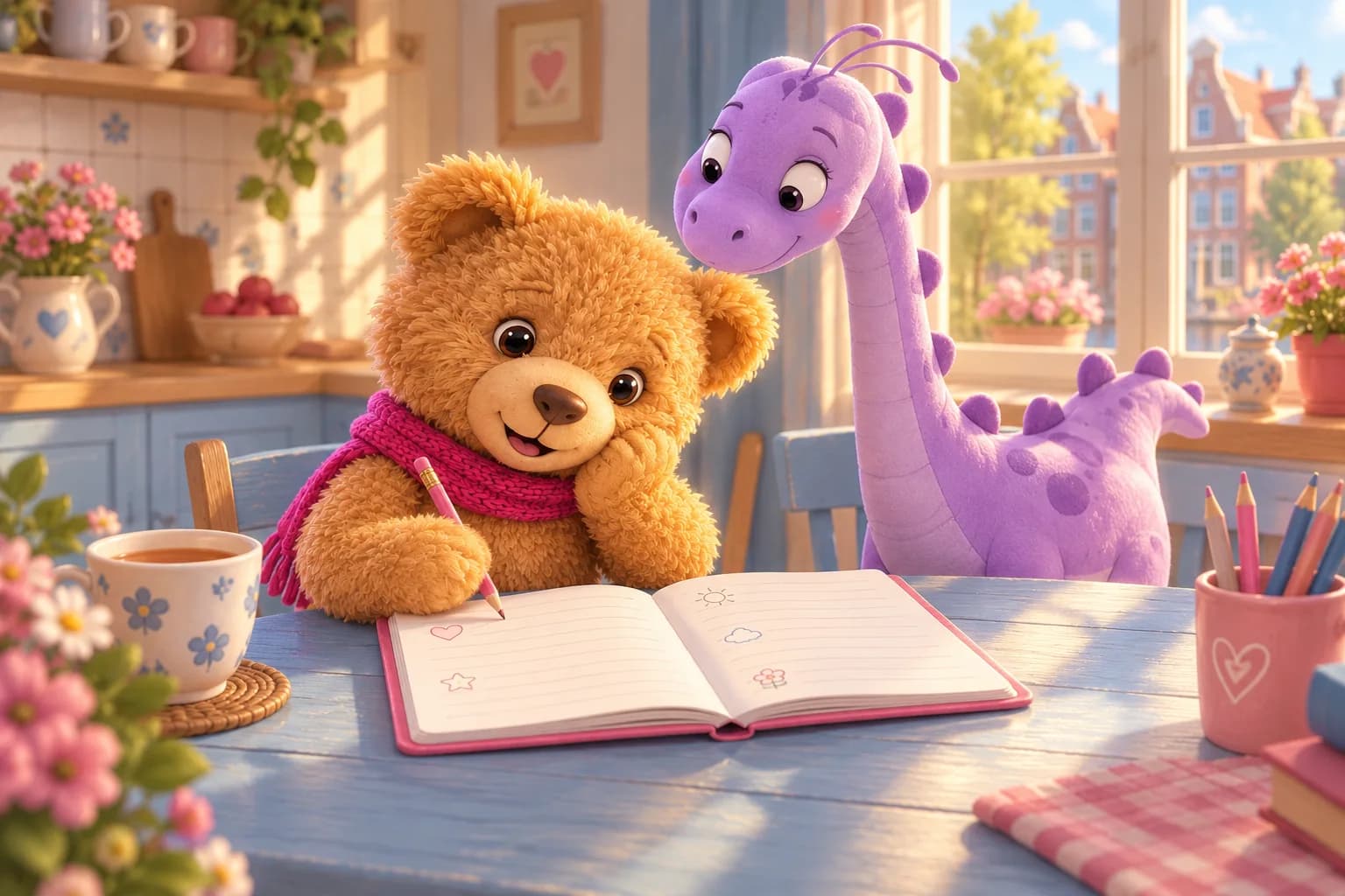 Teddy and the familiar purple dinosaur thoughtfully collecting clues in a notebook.