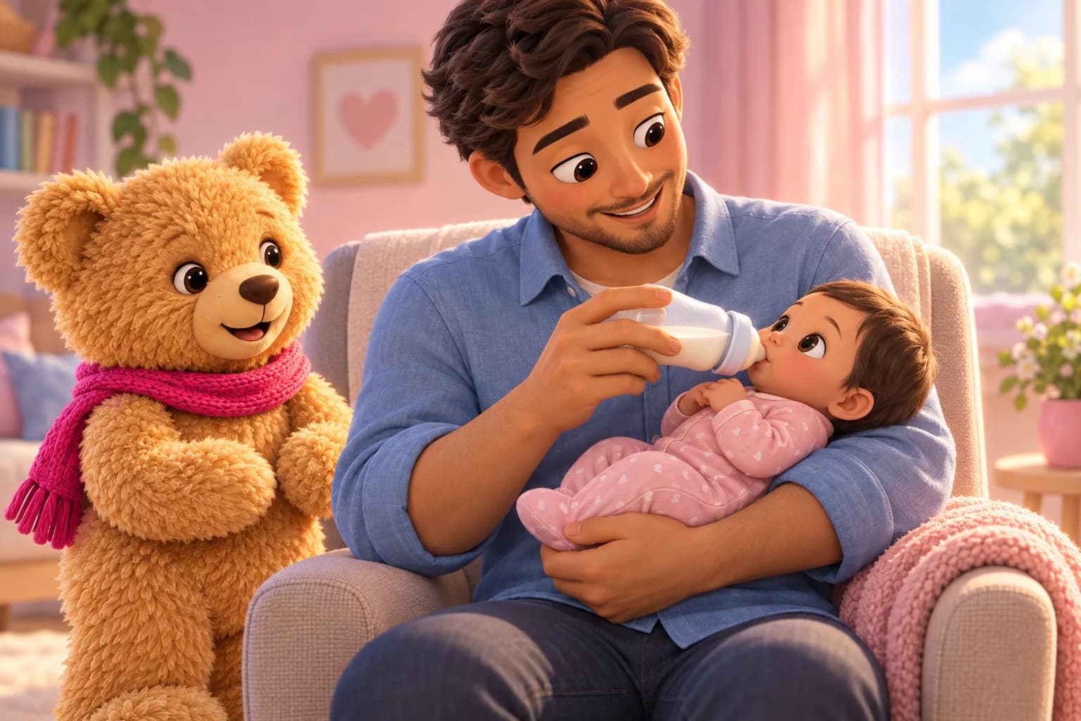 An awake parent hand-holds a bottle while supporting baby's head and body, with Teddy looking on calmly.
