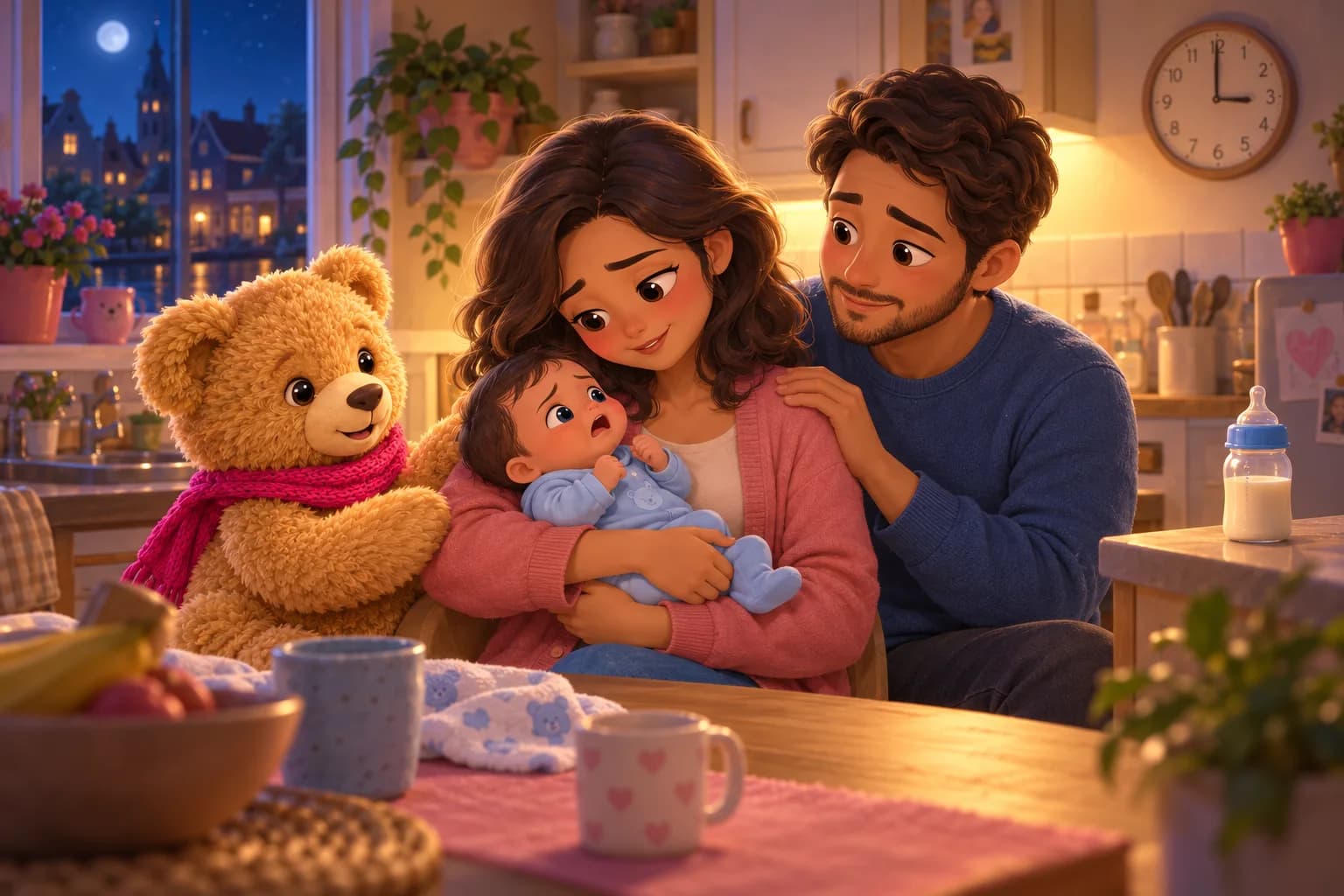 Two tired but attentive parents comforting their awake baby in a Leiden kitchen at 03:00, with familiar golden Teddy beside them.