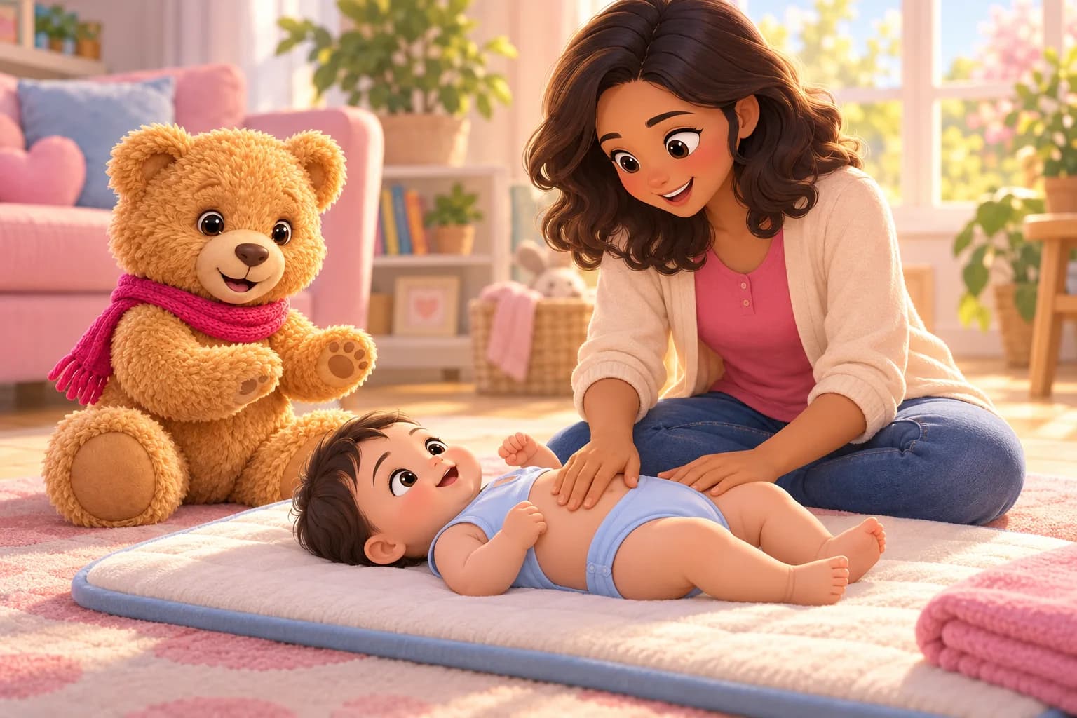 A parent gently rests a hand on their awake baby's tummy on a floor-level mat; Teddy mirrors a gentle open-paw gesture.