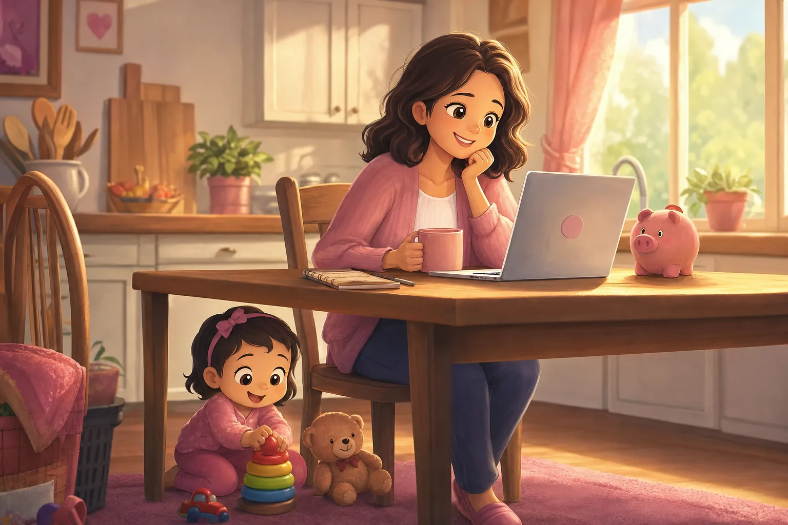 A parent at a kitchen table with a laptop, a childcare invoice and a DigiD login screen, calmly working through a benefit application.