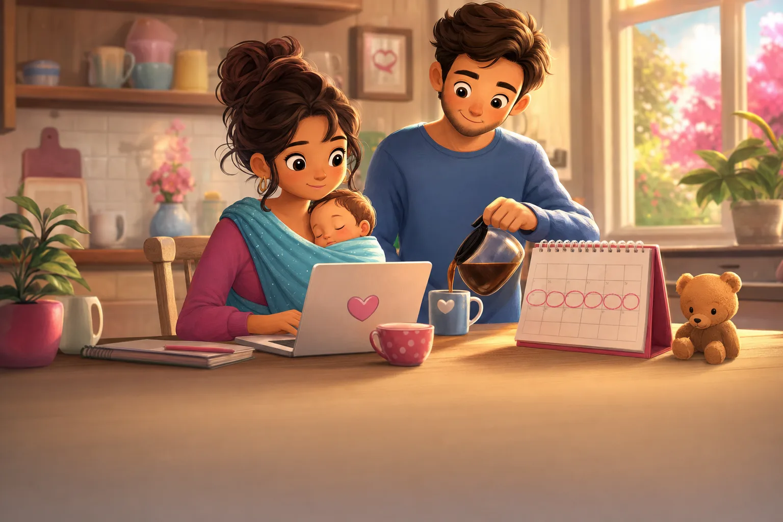 A parent with a newborn in a wrap carrier working at a sunny kitchen table beside a calendar with circled weeks, while a partner pours coffee.