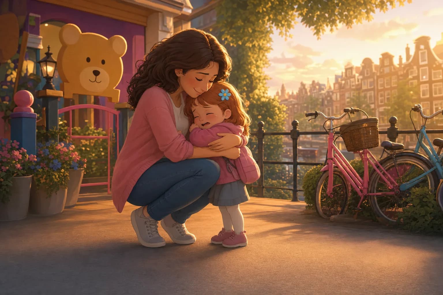 A parent crouched at a daycare gate, holding a teary toddler tightly at the end of the day, bicycles and canal houses behind them in warm evening light.