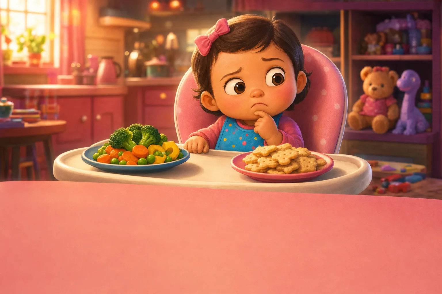 A toddler at a table pushing away a plate of colourful vegetables while reaching for a piece of bread, a parent sitting calmly alongside.