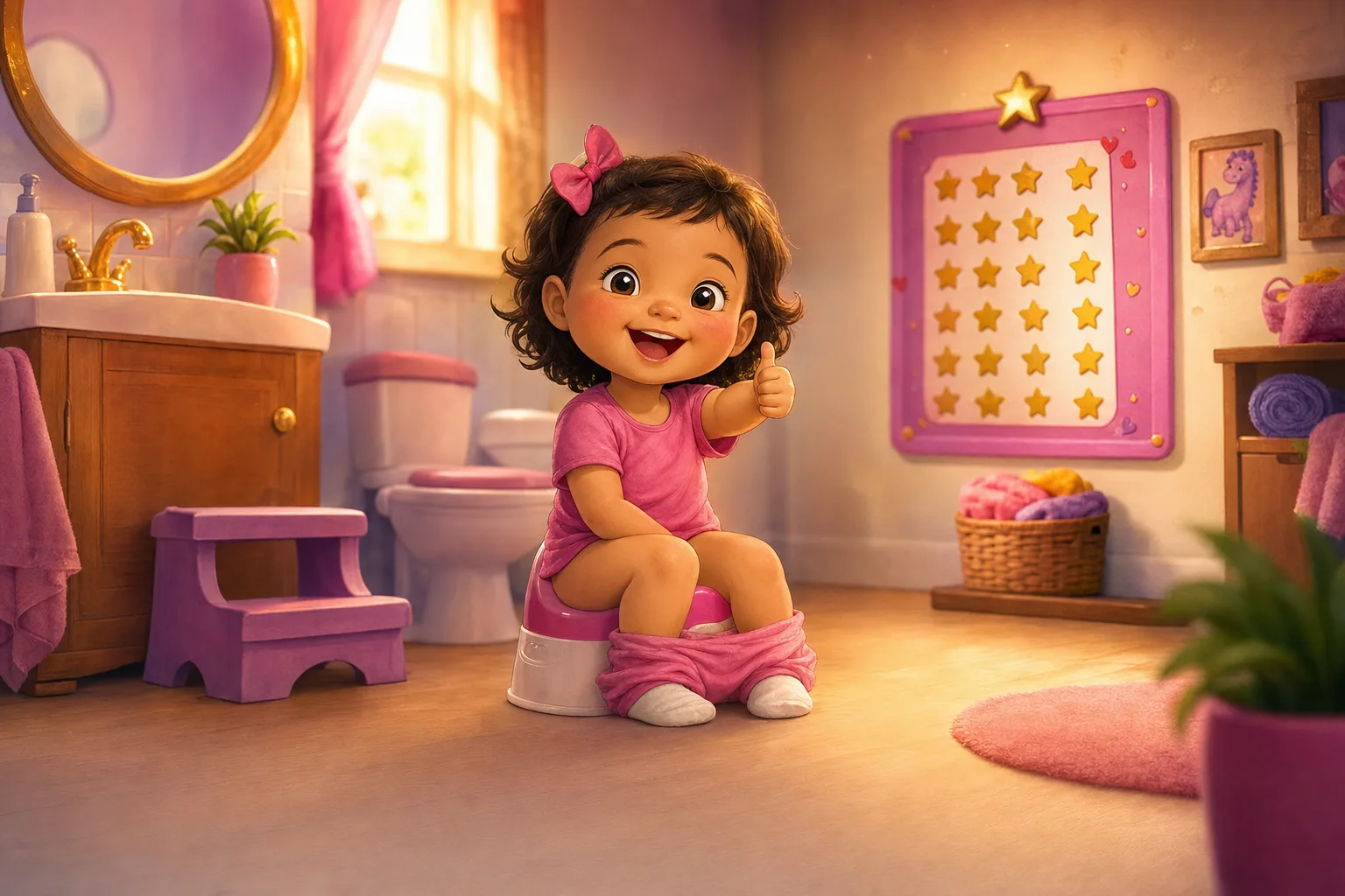 A toddler in easy pull-down leggings sitting happily on a small potty, with a childcare worker crouched nearby offering calm encouragement.