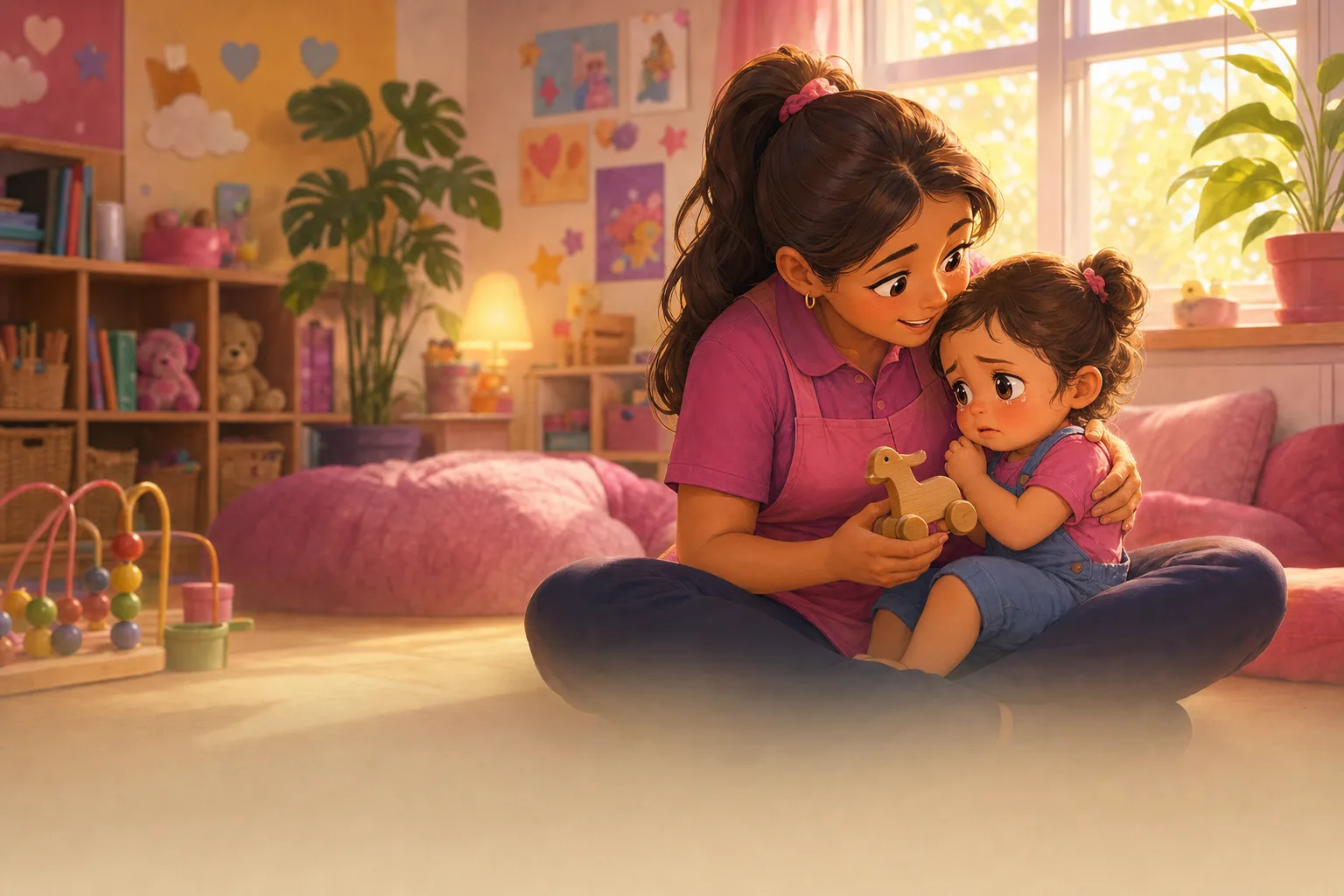 A caregiver comforting a child by the window just after a parent has left, offering a toy and a warm lap.