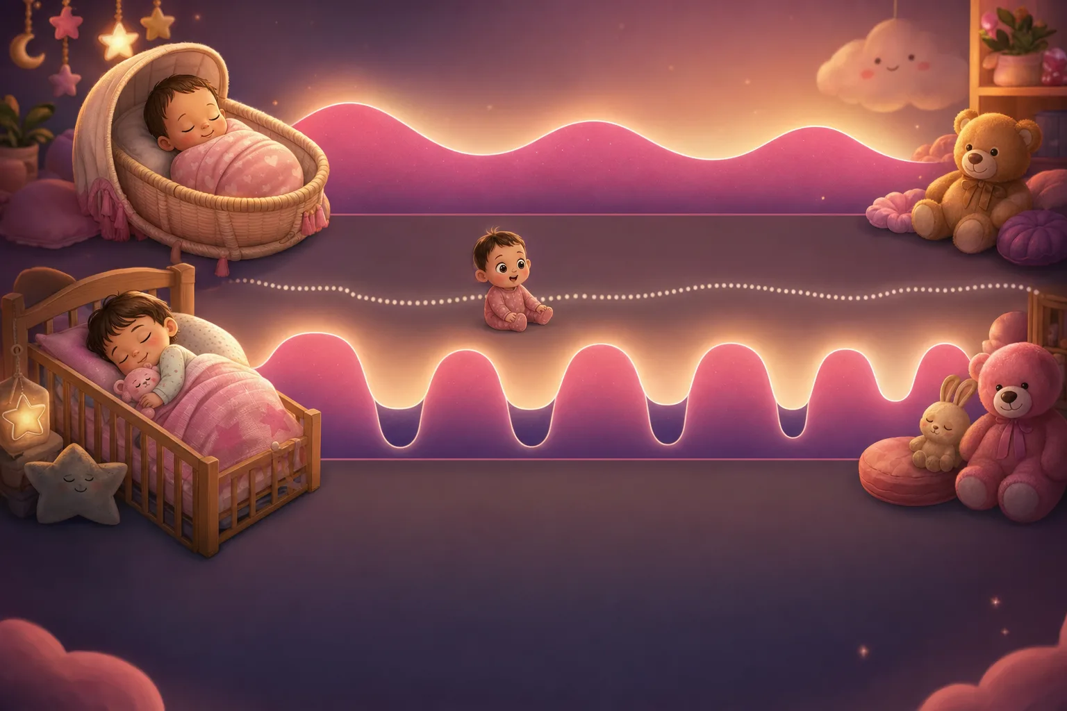A diagram comparing a newborn's long undifferentiated sleep cycle with a matured post-4-month cycle broken into shorter NREM and REM stages, showing the light-sleep threshold where babies briefly surface between cycles.