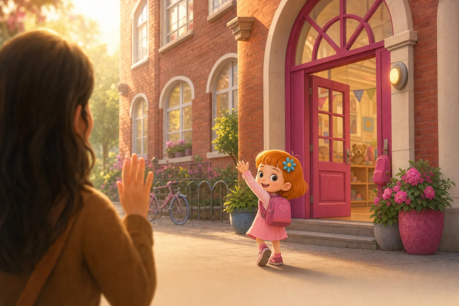 A four-year-old with a small backpack waving goodbye at a Dutch primary school gate on their first morning.
