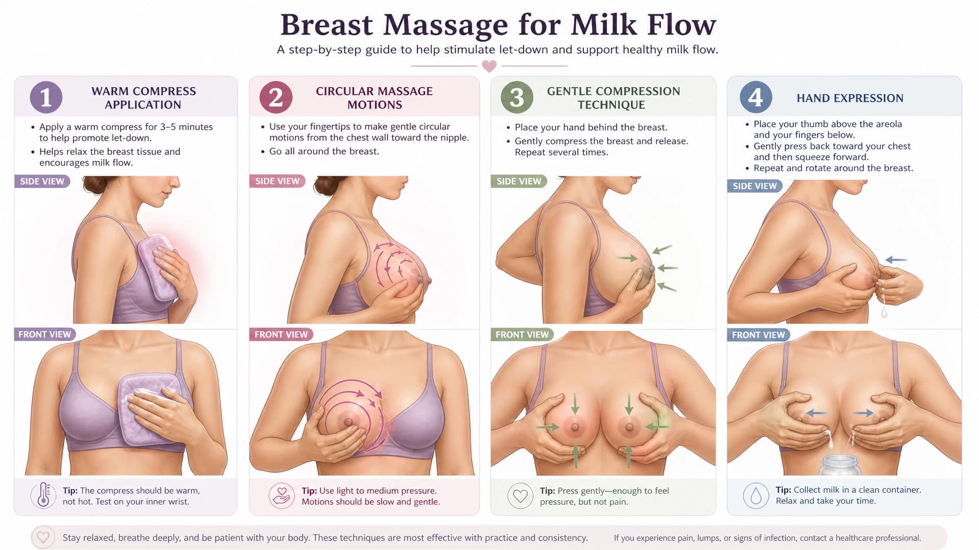 Four-step illustrated guide to breast massage for milk flow: warm compress, circular massage, gentle compression and hand expression, each shown from side and front views.