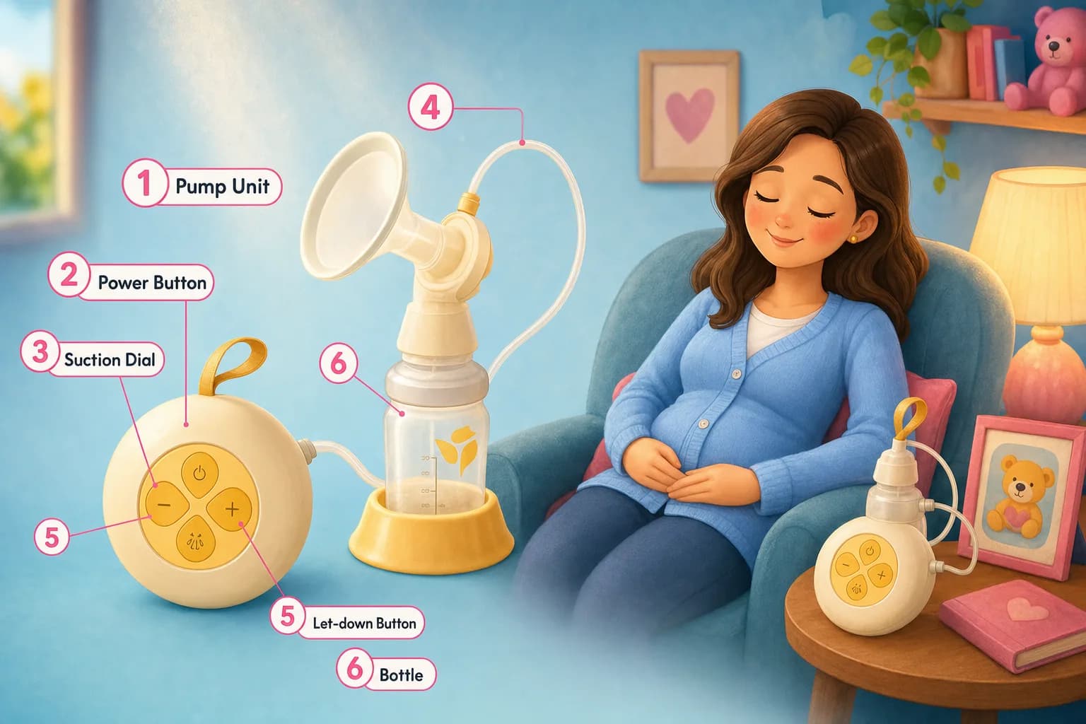Gestileerde illustratie met onderdelen van de Medela Solo-borstkolf — motor, aan-knop, zuigknop, slang, toeschietknop en verzamelflesje — met een paneel over de handmassagetechniek.