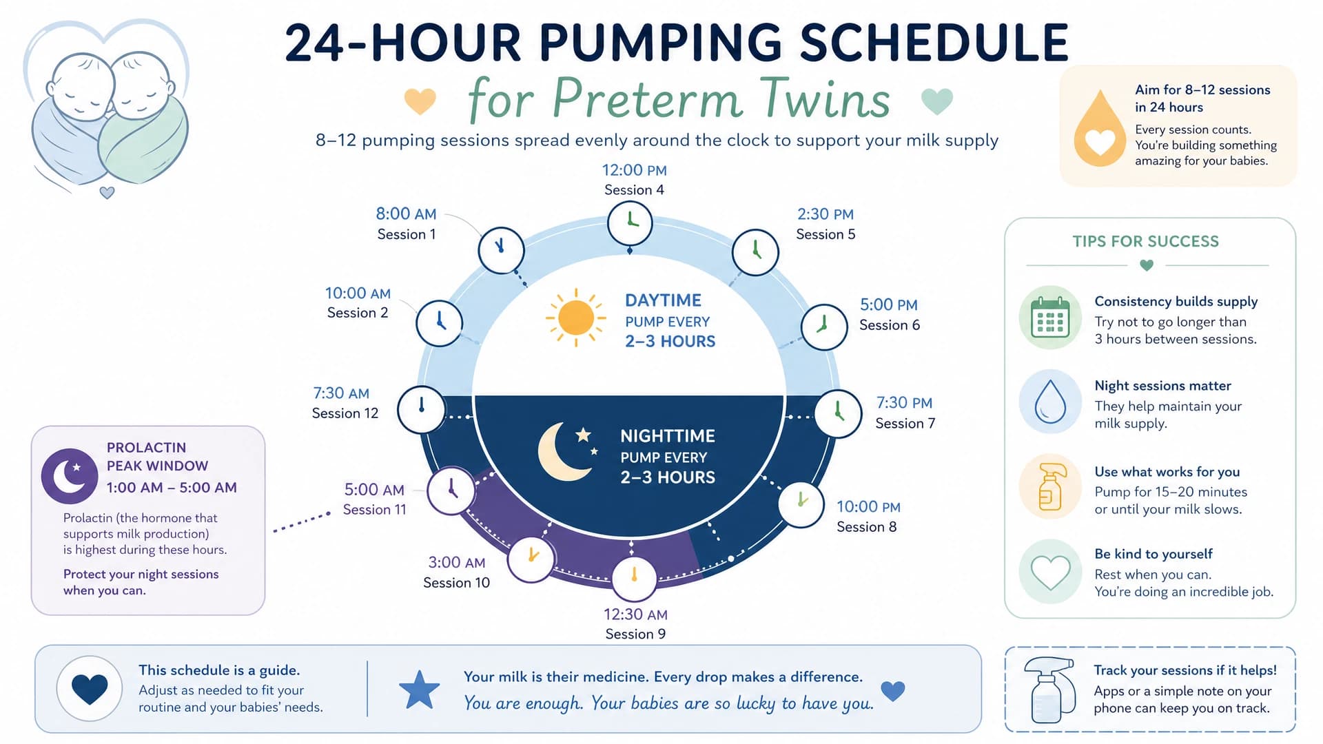 A 24-hour clock infographic showing 8–12 pumping sessions spread evenly across day and night for preterm twins, with the 1–5 AM prolactin peak window highlighted and tips for success.