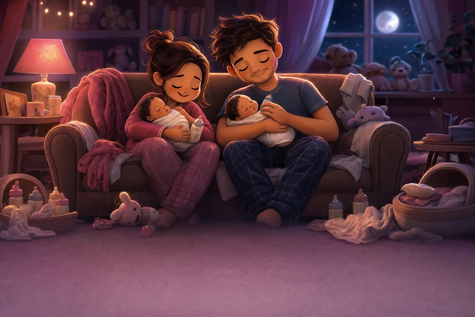 Two exhausted, happy parents at dawn, each holding one newborn twin against their chest in a softly lit living room.