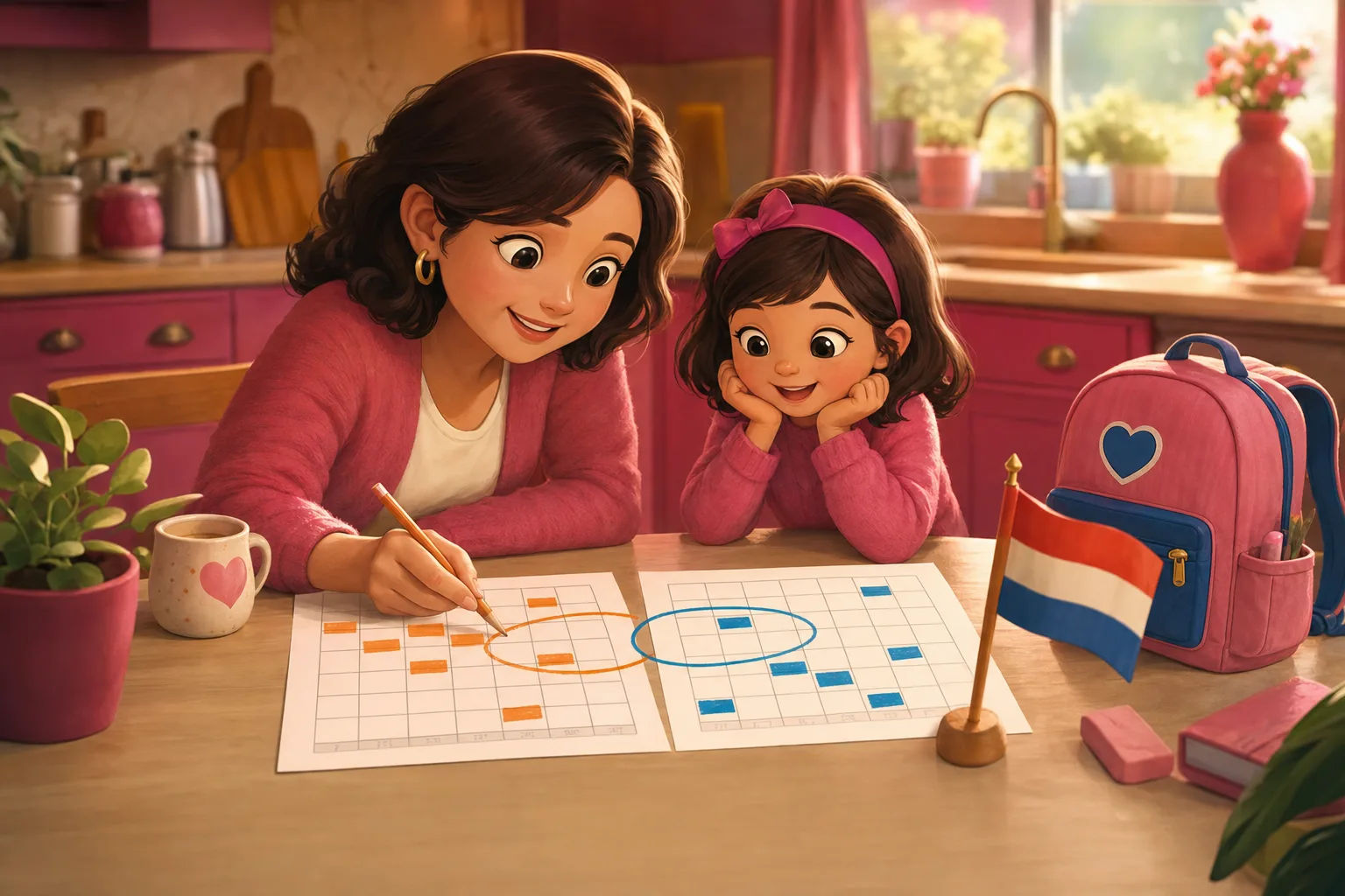 A parent at a kitchen table with two school calendars side by side — one labeled 'KDV' with Dutch holidays, one labeled 'TISA' with international breaks — marking overlapping and non-overlapping dates.