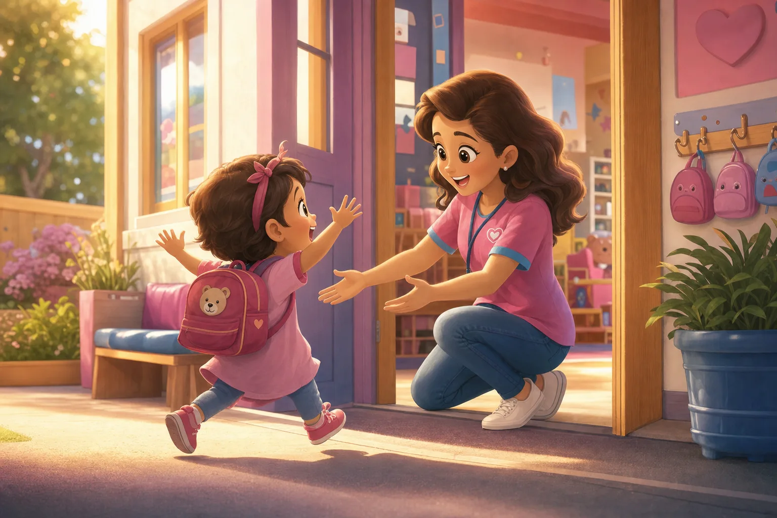 A familiar caregiver kneeling to greet a toddler at the daycare door, the child reaching up happily in soft morning light.