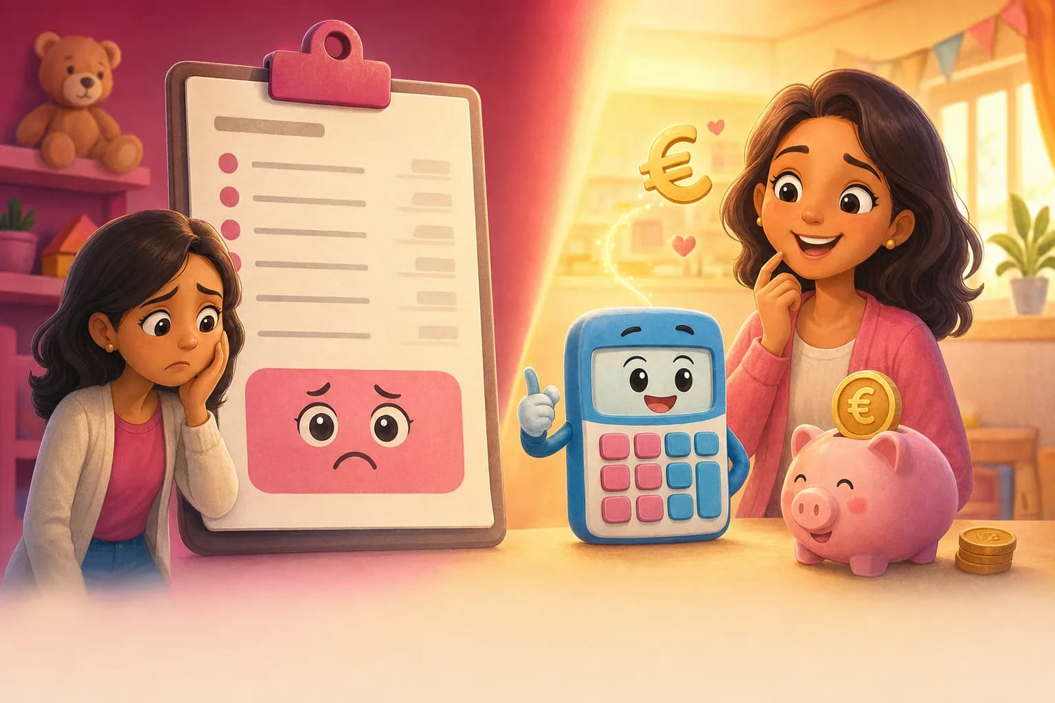 Een gesplitste weergave: links een opvangfactuur van €1800; rechts een calculatorscherm met €250 netto kosten na toeslag en bijdragen.