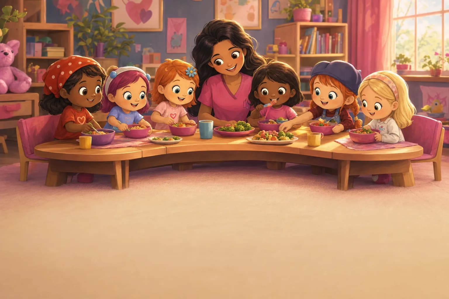 Toddlers sitting together at a low table at daycare, eating from small bowls while a caregiver sits among them, one child reaching for vegetables.