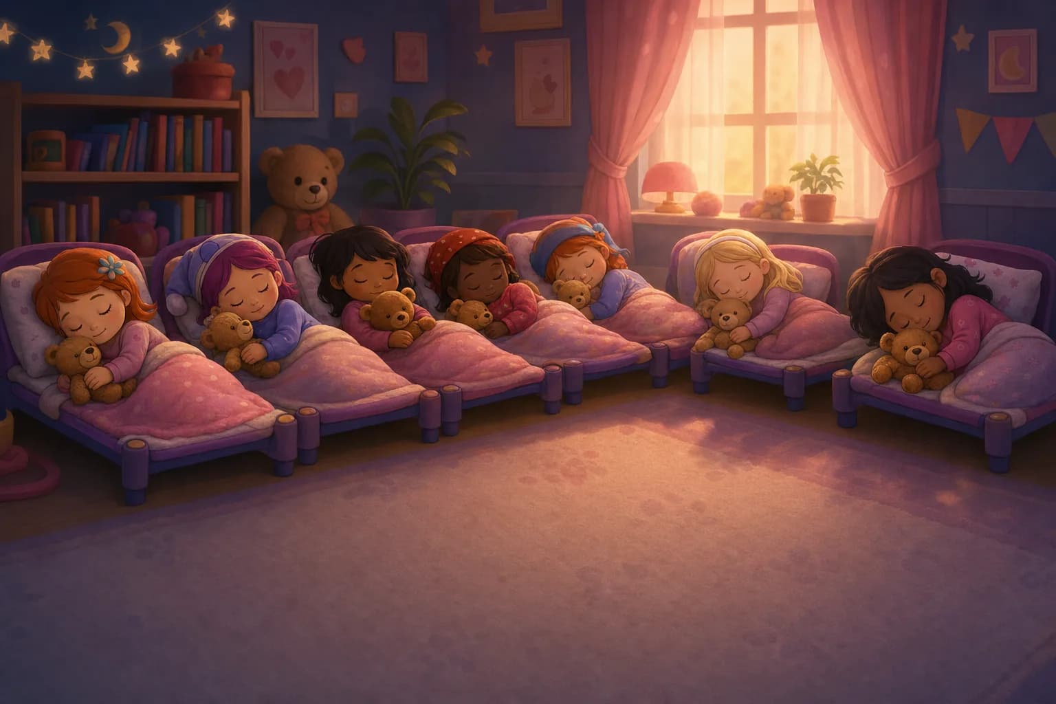 A row of toddlers napping peacefully on little daycare cots in a softly darkened room, a teddy bear tucked in beside each child, warm light glowing through the curtains.