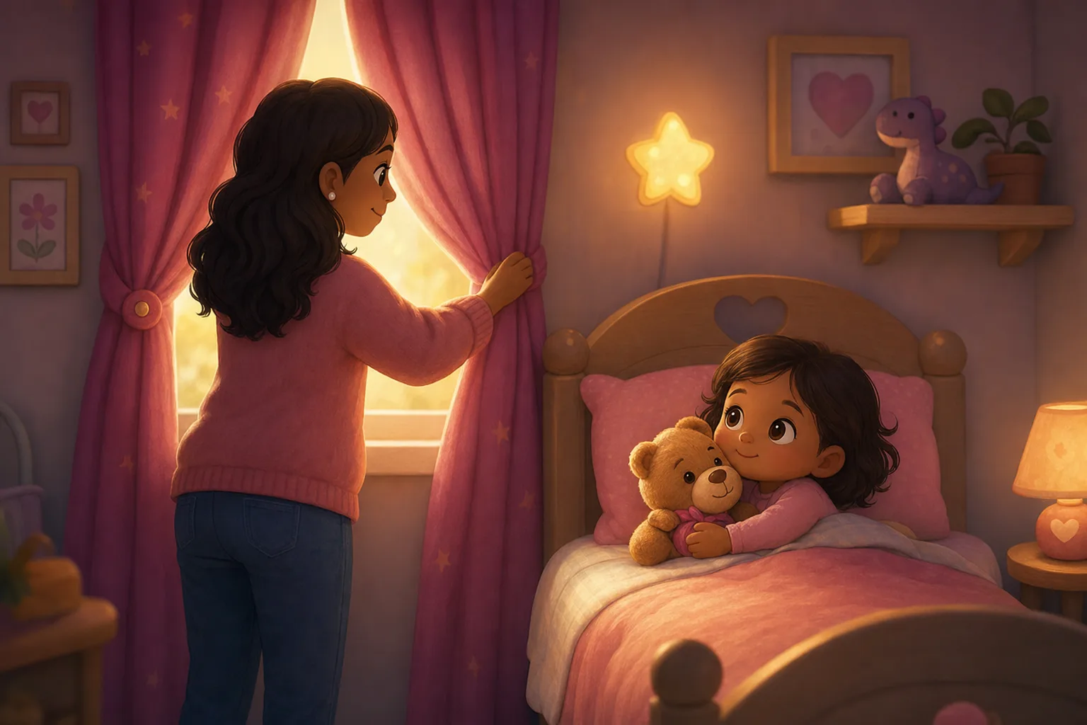 A parent drawing the curtains in a child's bedroom at nap time while a toddler settles down with a familiar comforter.