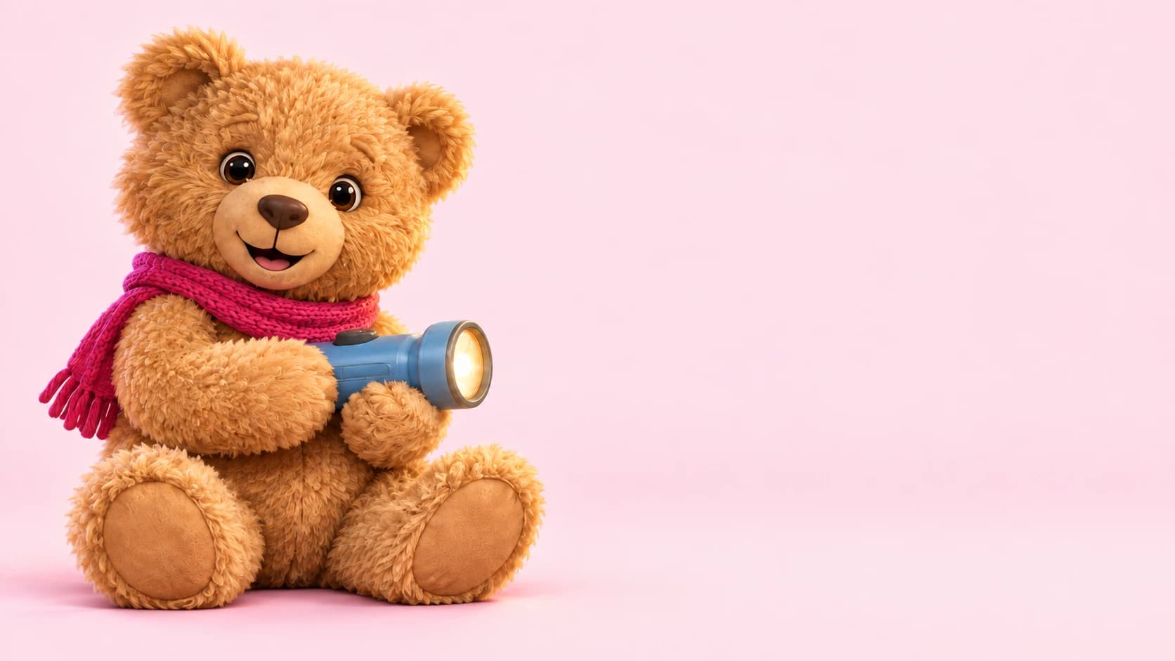 Een vriendelijke gouden teddybeer met een gloeiende blauwe zaklamp