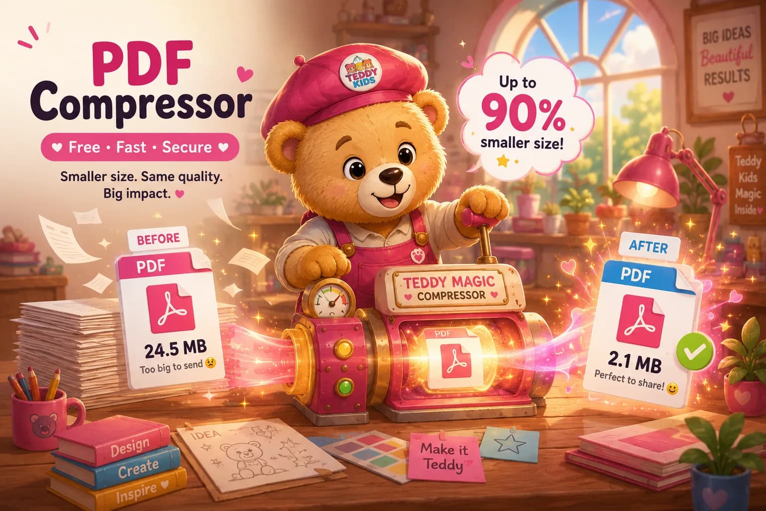 Teddy Kids PDF Compressor: a friendly teddy bear shrinks a 24.5 MB PDF down to 2.1 MB — up to 90% smaller. Free, fast and secure.