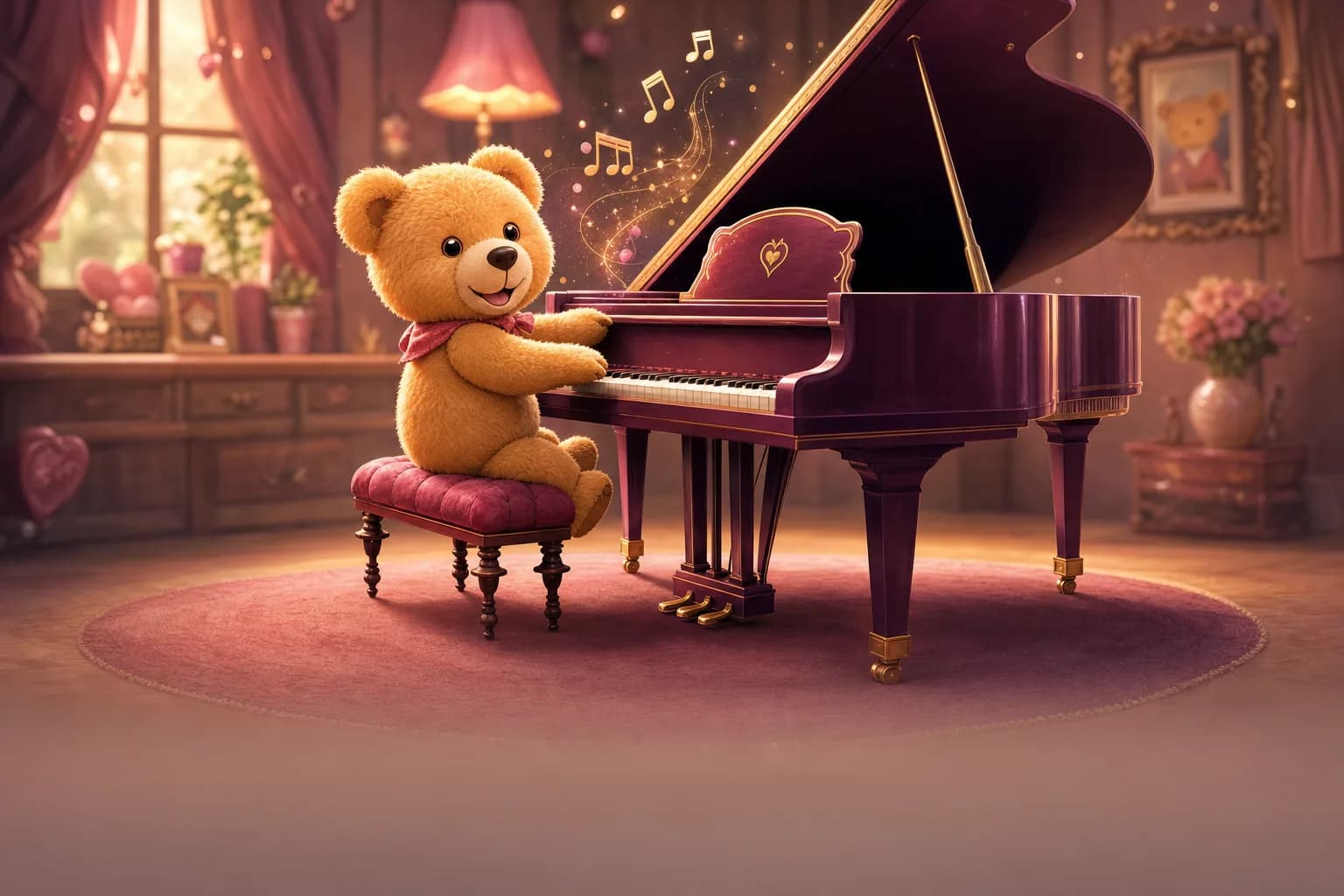 A 3D grand piano floating in a warm, playful scene — the Teddy Kids Music Studio