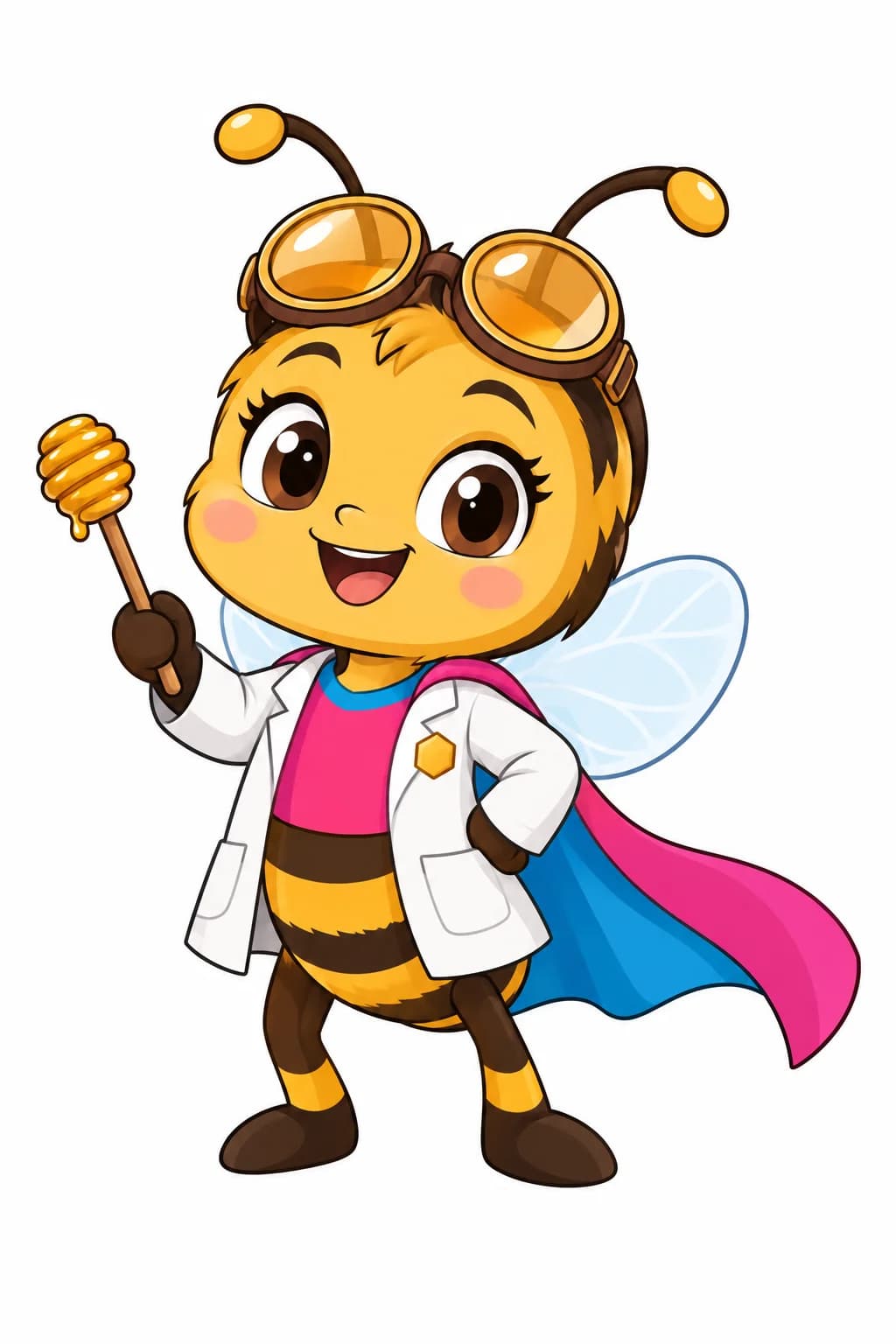Professor Bee, a cartoon bee in a white lab coat with goggles and a pink cape, holding up a honey dipper