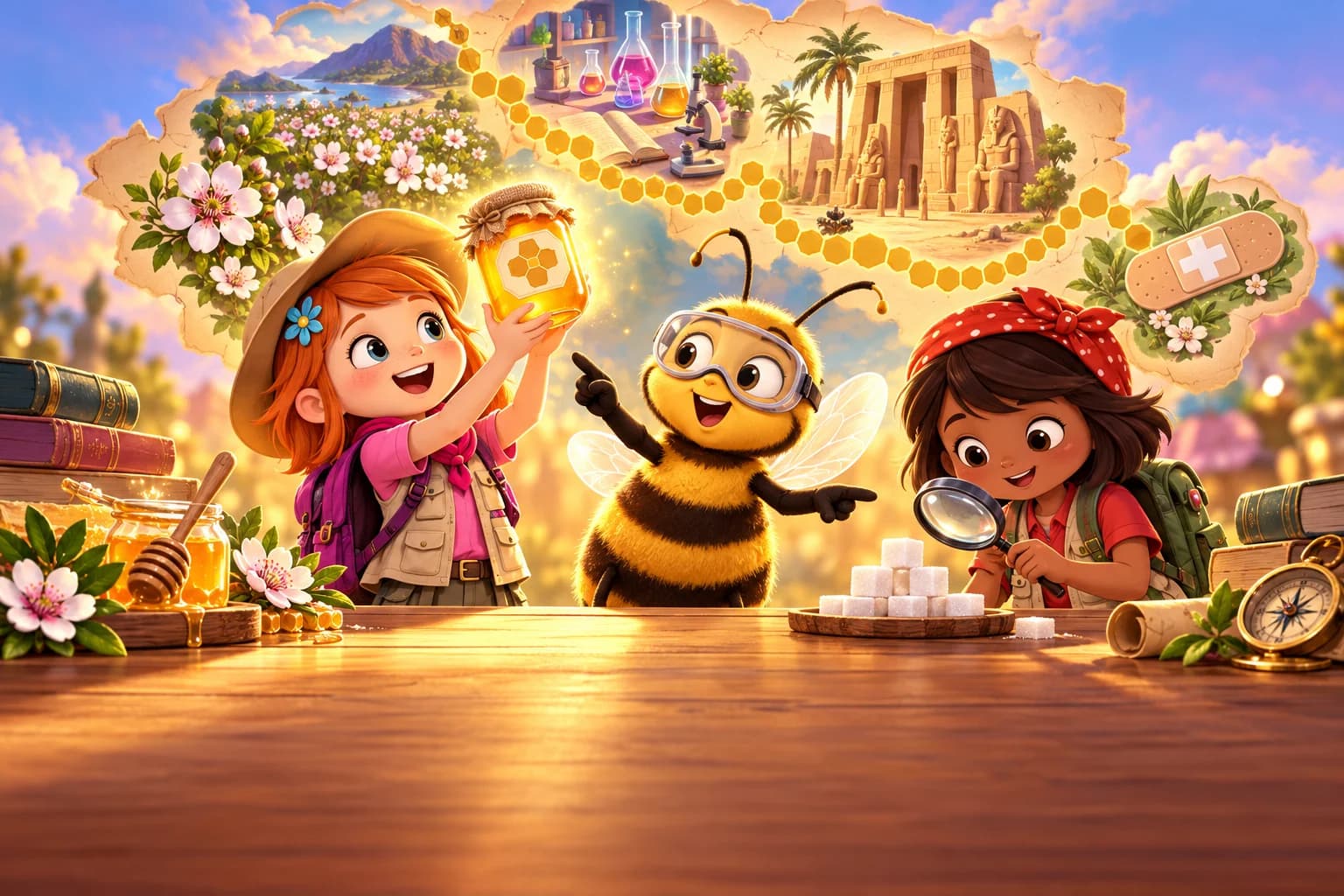Two children and a friendly cartoon bee compare a glowing jar of honey with sugar cubes on a wooden table, with honeycomb-framed scenes of a flower field, a laboratory and an ancient Egyptian temple behind them
