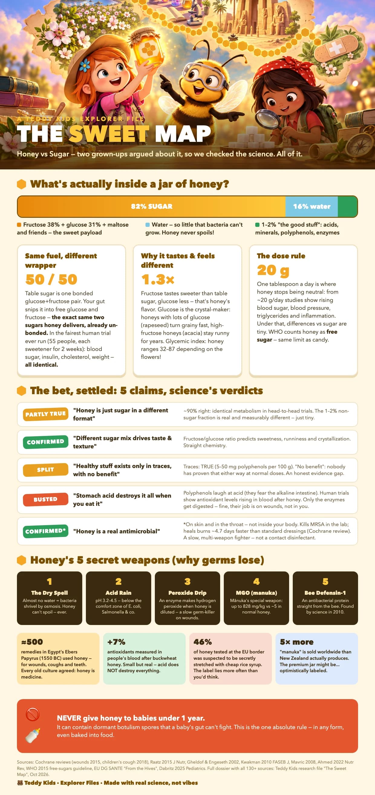 Teddy Lab infographic for File 07: what is in honey, the five verdicts, the dose rule and the under-12-months warning